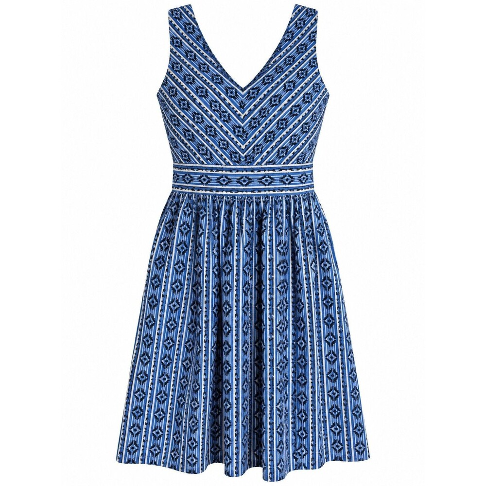 Maeve Anthropologie Blue Geometric Woven Jacquard Fit & Flare Dress Pockets Sz 4
